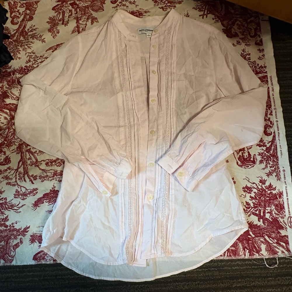 Uniqlo pink coquette style button up top with ruffle front
